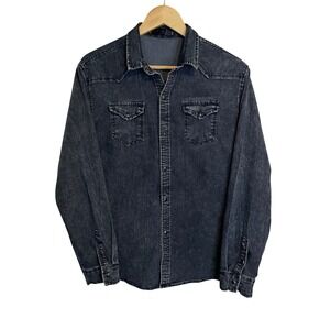 Womens Dark Wash Acid Wash Denim Western Style Shirt Long‎ Sleeve Snap Buttons